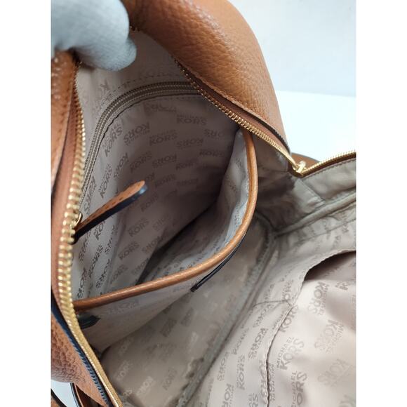 Michael Kors Tan Brown Pebbled Leather Pocket Zip Around Backpack - Picture 13 of 16